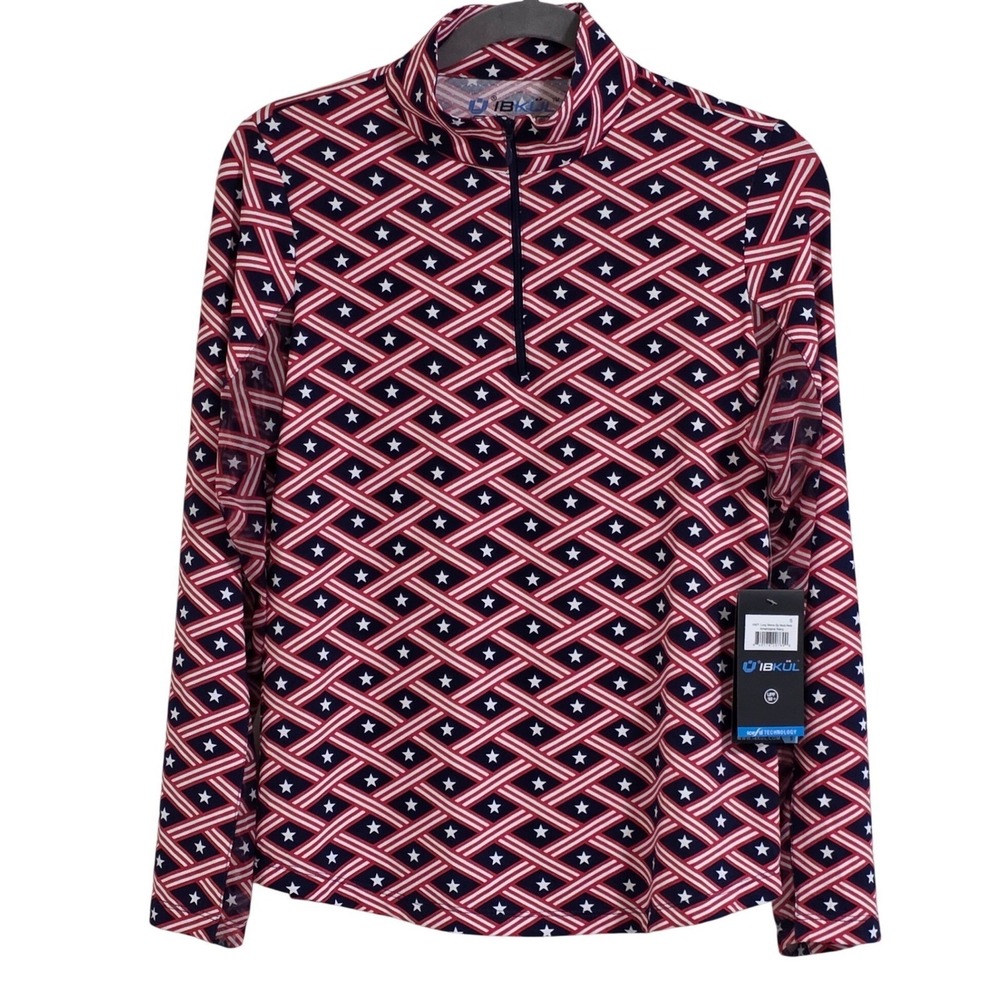 IBKUL Long Sleeve Zip Mock Neck Pullover Americana Navy Women's Small UPF 50 New